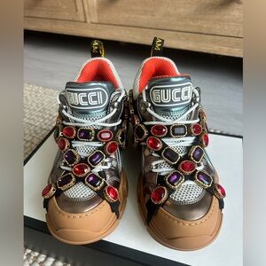 Gucci Flashtrek Crystal Metalic leather trainers